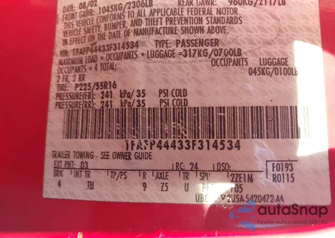 2003 Ford Mustang из США, поврежденный, VIN 1FAFP44433F314534